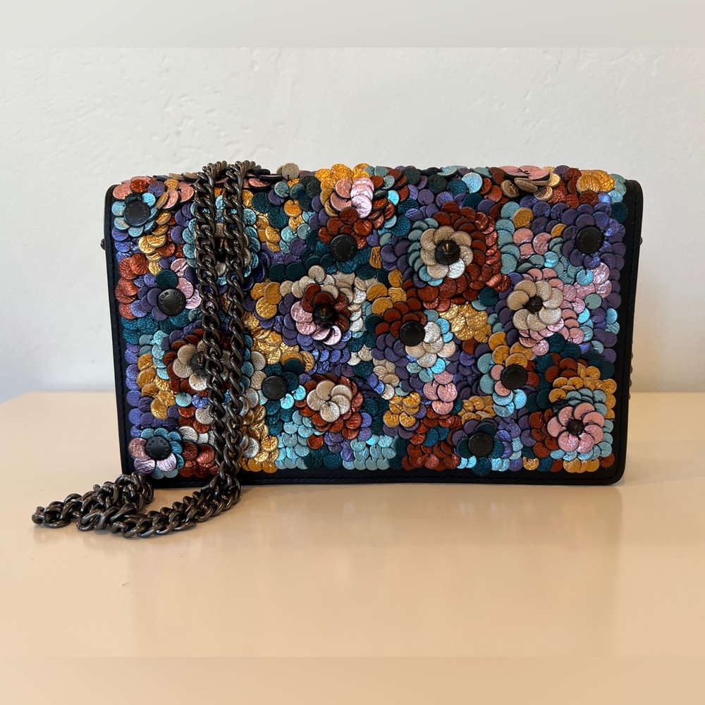 Coach Callie Foldover Chain Clutch w/ Leather Sequin — NEW